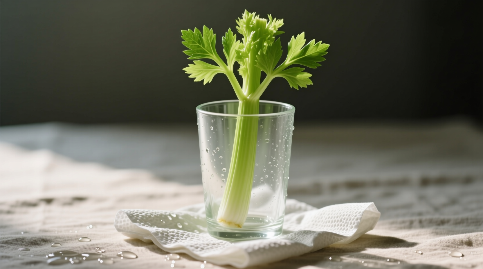 Single celery stalk in glass container with damp paper towel
