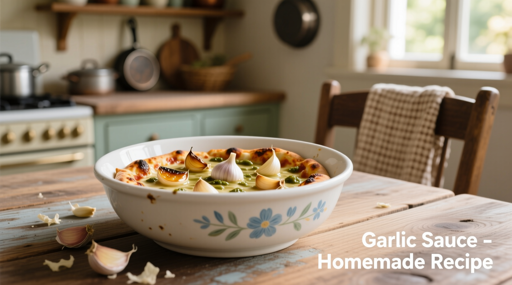 Homemade pizza garlic sauce in white ceramic bowl with garlic cloves