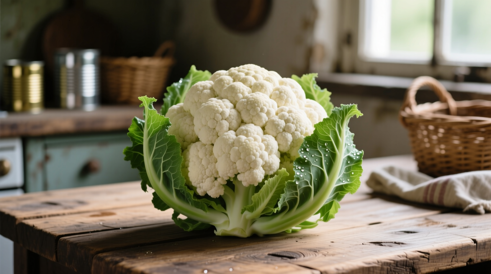 Fresh cauliflower head with green leaves on wooden table
