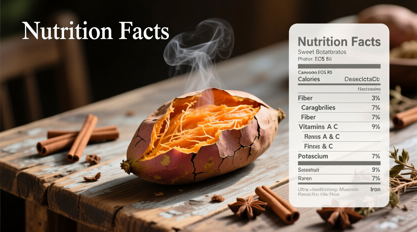 Nutrition facts of sweet potato on wooden table