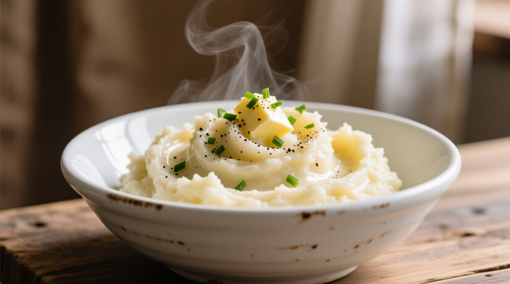 Creamy cauliflower mashed potatoes in white bowl