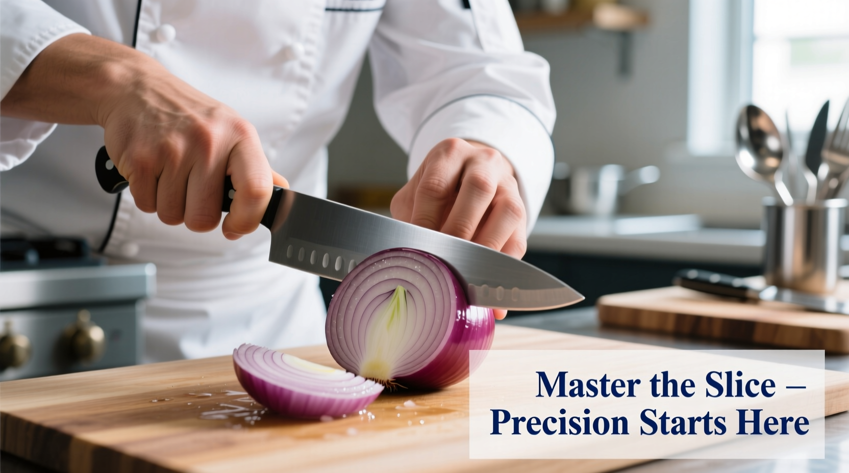 Chef demonstrating proper onion cutting technique with sharp knife