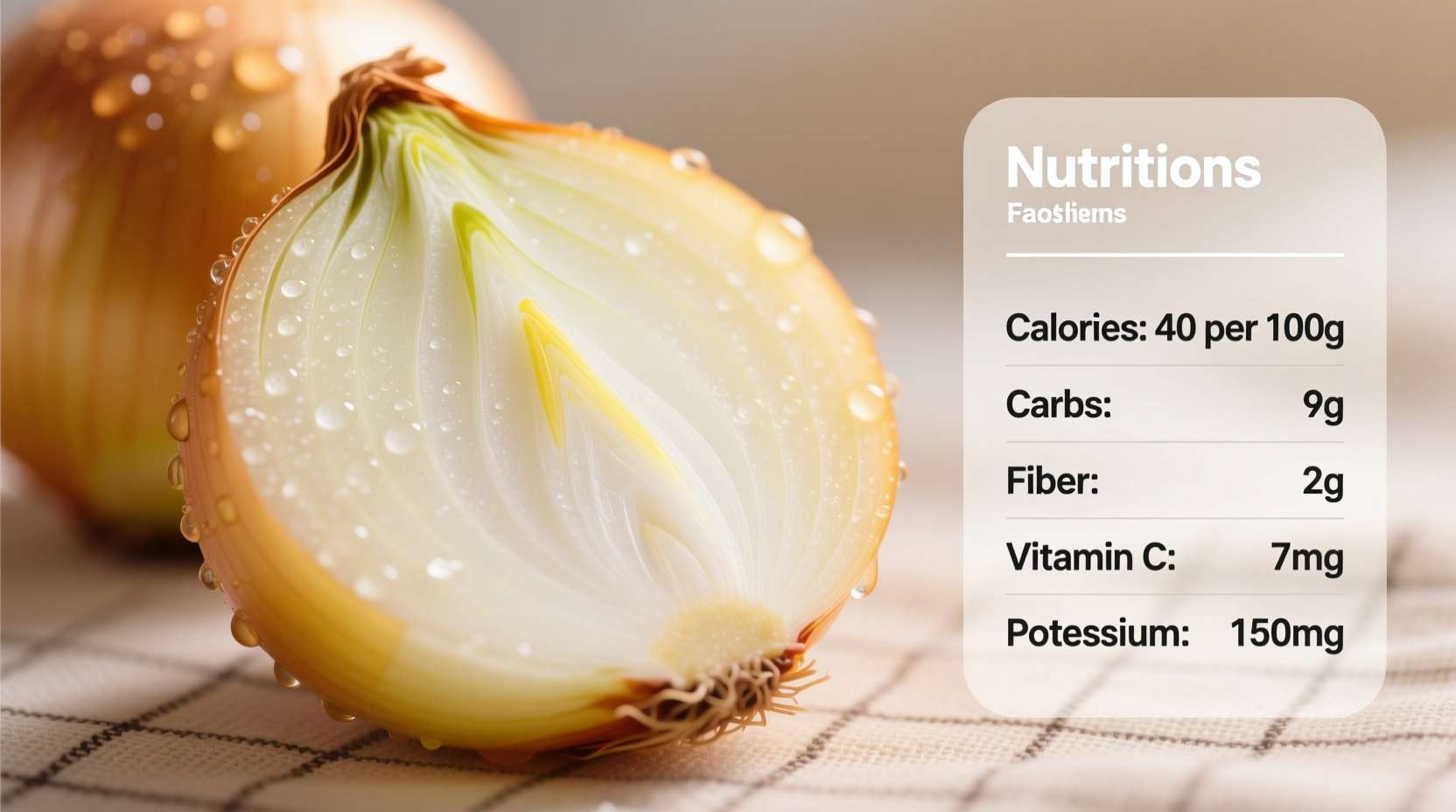 Fresh onions with nutritional facts displayed