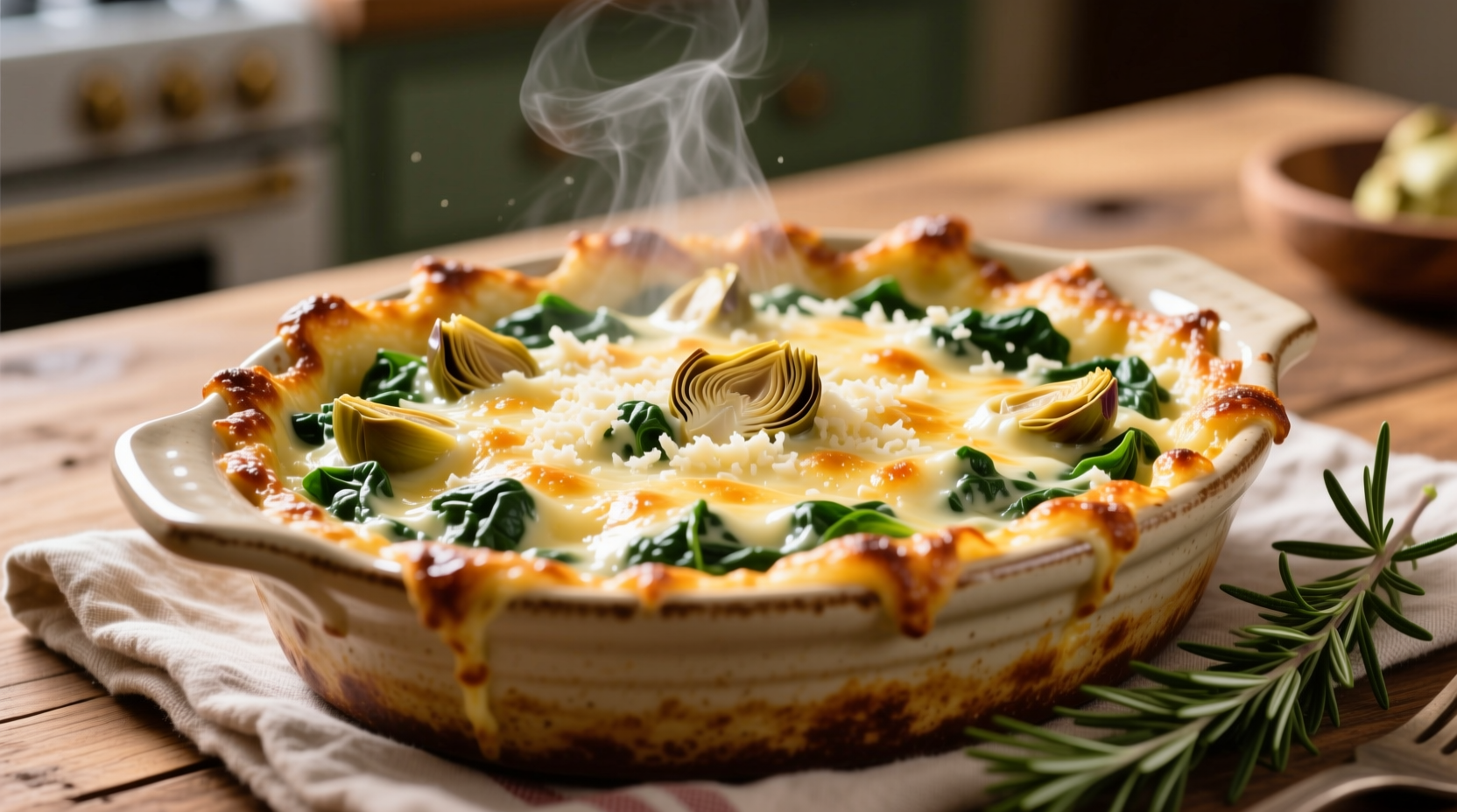 Creamy spinach artichoke parmesan dip in baking dish