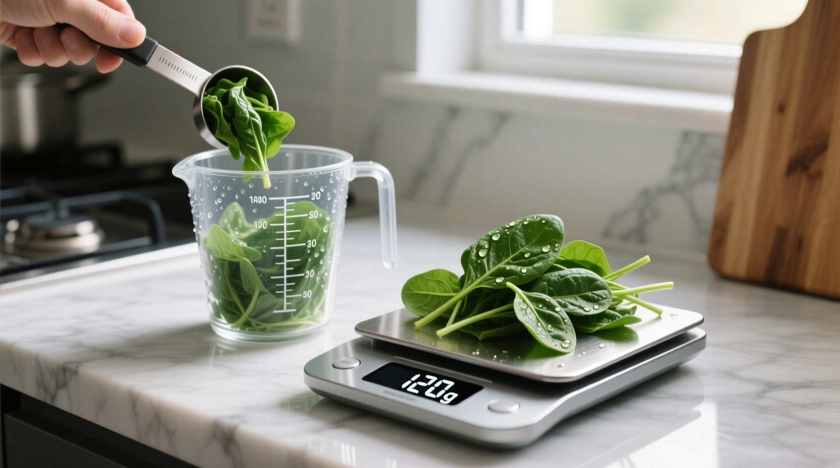 Measuring spinach in cup and on kitchen scale