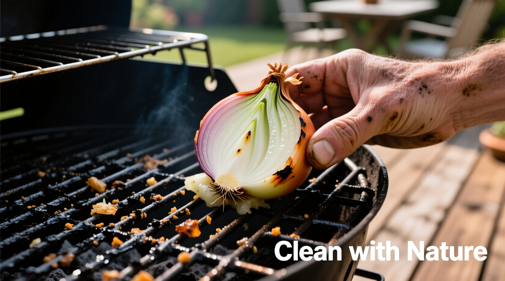 Halved onion being used to clean grill grates