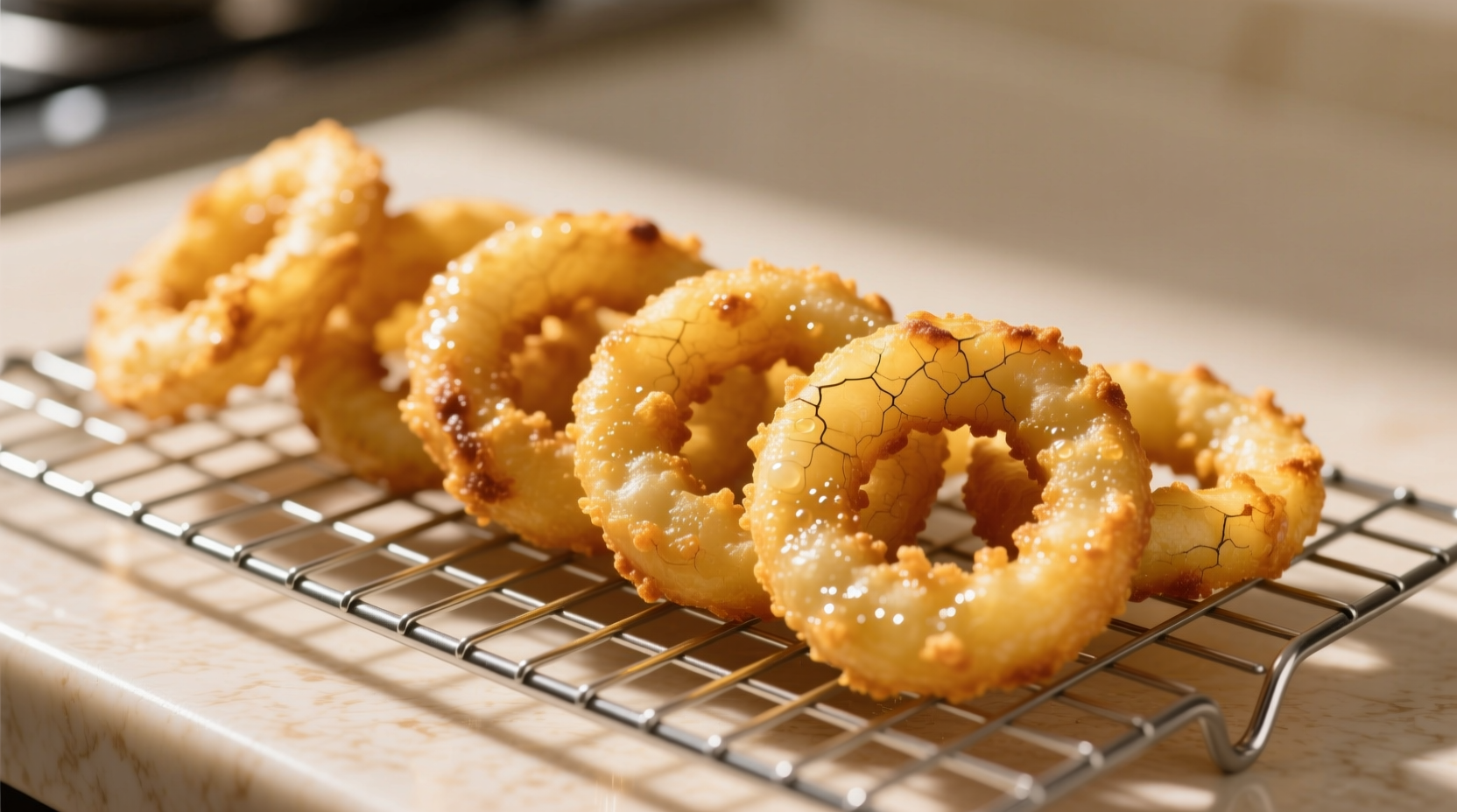 Golden crispy fried onion rings on wire rack