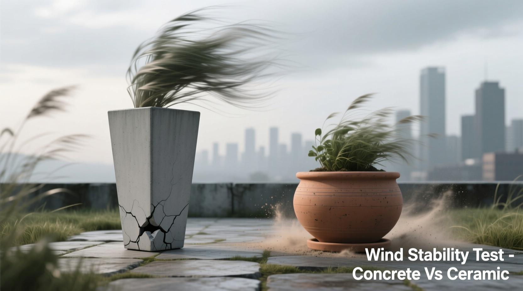 Side-by-side comparison showing a tall, slender concrete planter swaying visibly in wind versus a low-profile ceramic planter with wide base remaining upright under identical gust conditions