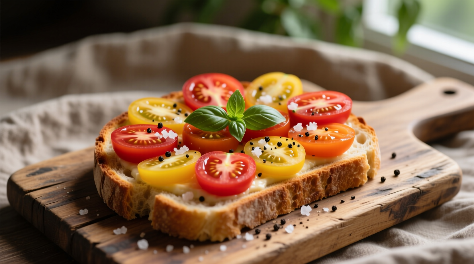 Perfectly assembled tomato tartine on rustic wooden board
