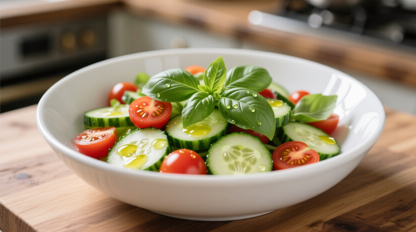 Fresh cucumber tomato salad with basil in white bowl