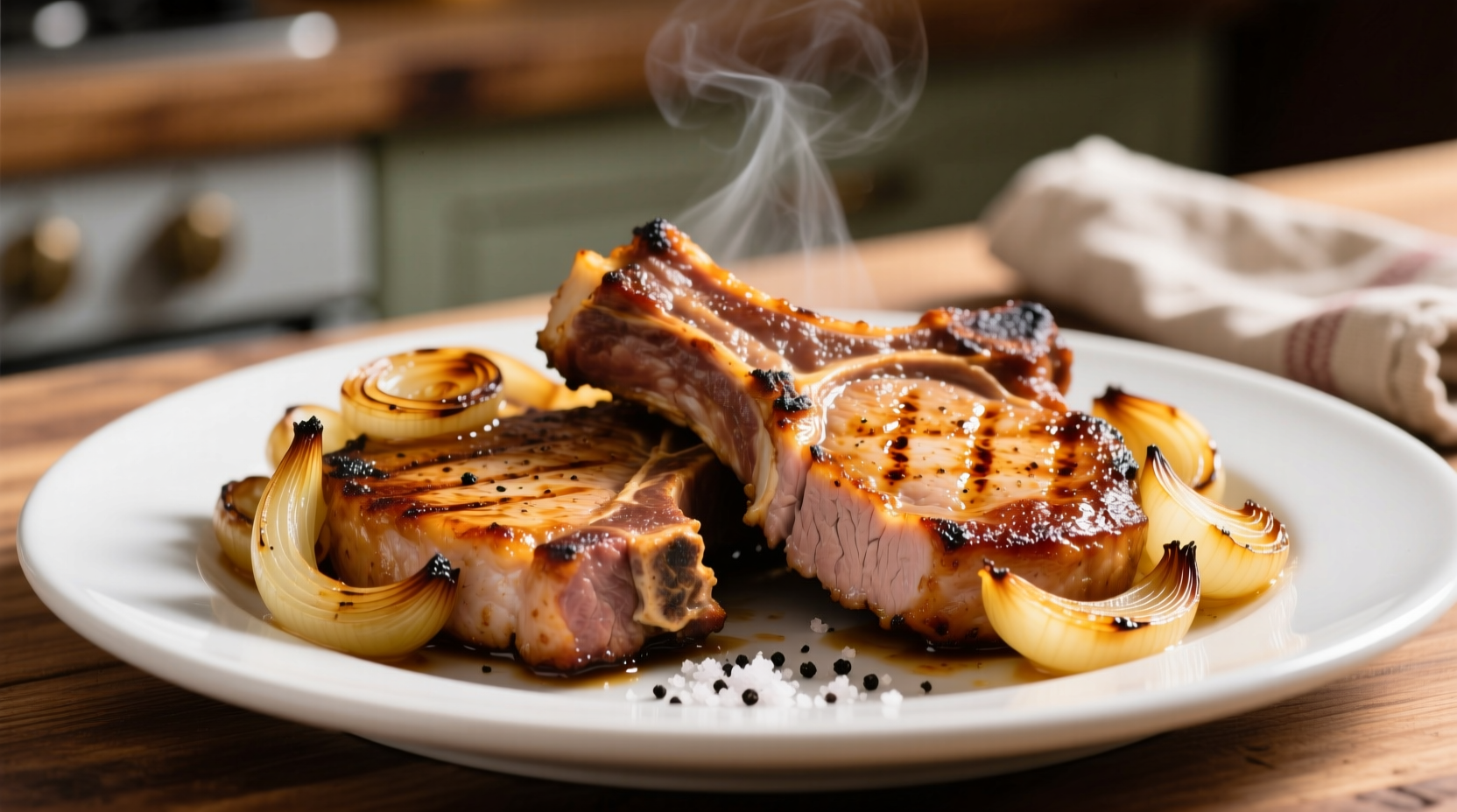 Golden-brown pork chops with onion crust on white plate