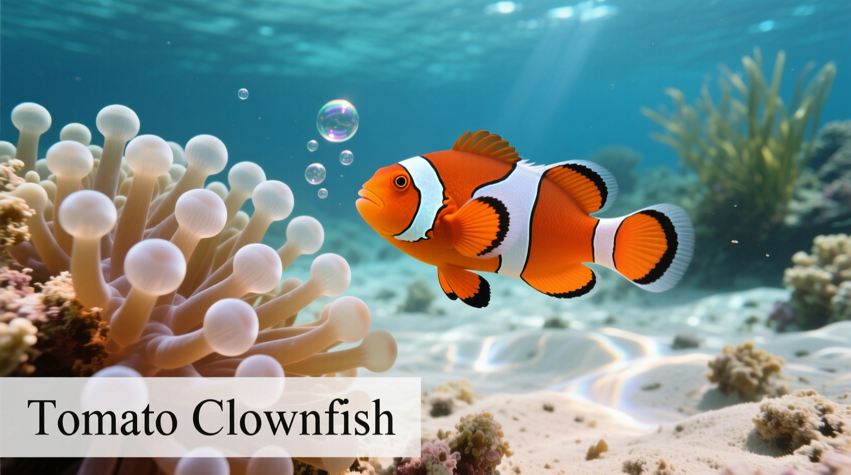 Tomato clownfish swimming near bubble tip anemone