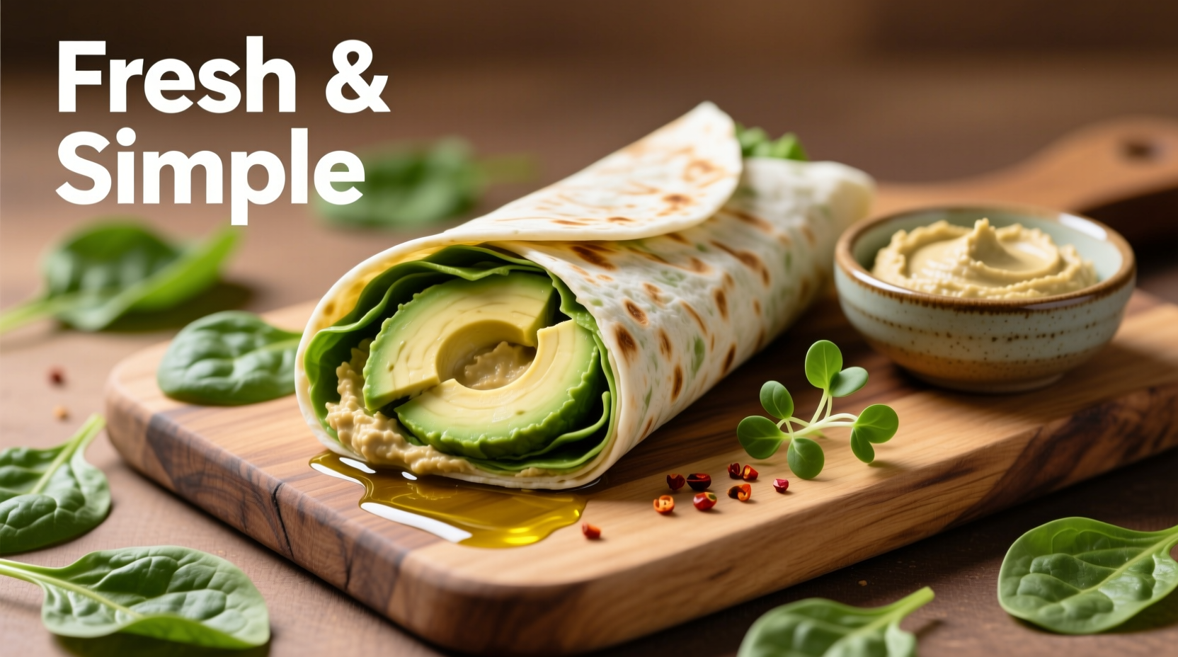 Fresh spinach tortilla wrap with avocado and hummus