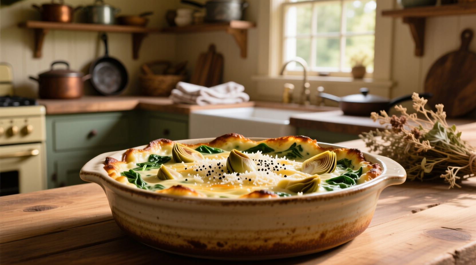 Creamy spinach artichoke dip in oven-safe dish