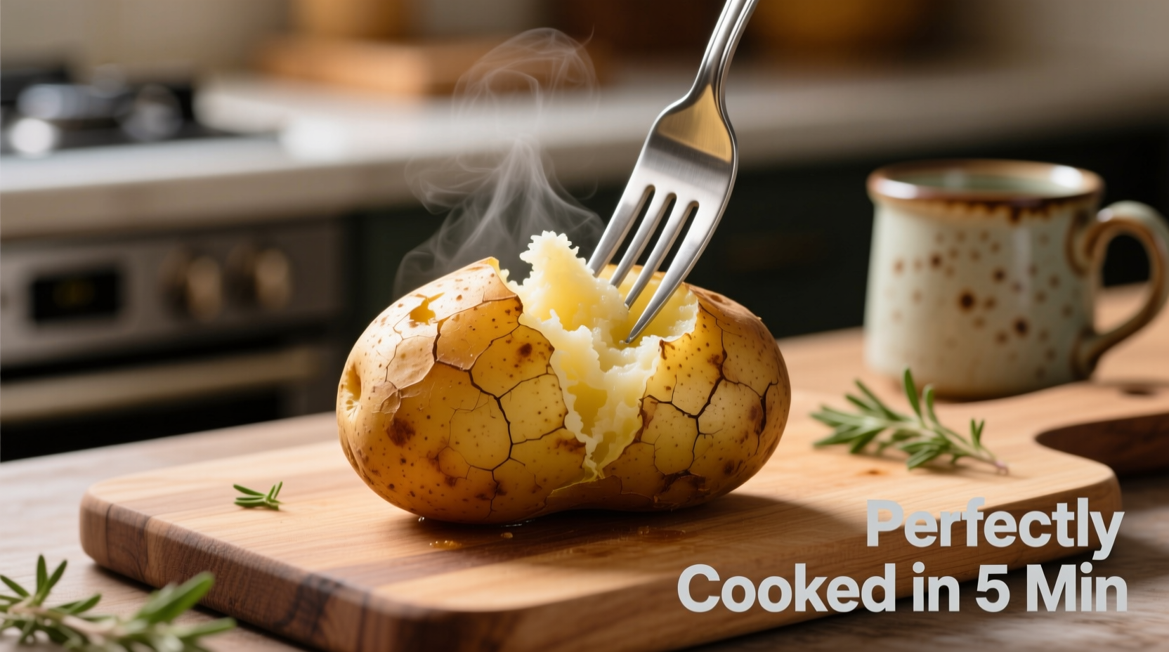 Perfectly cooked microwave potato with fork
