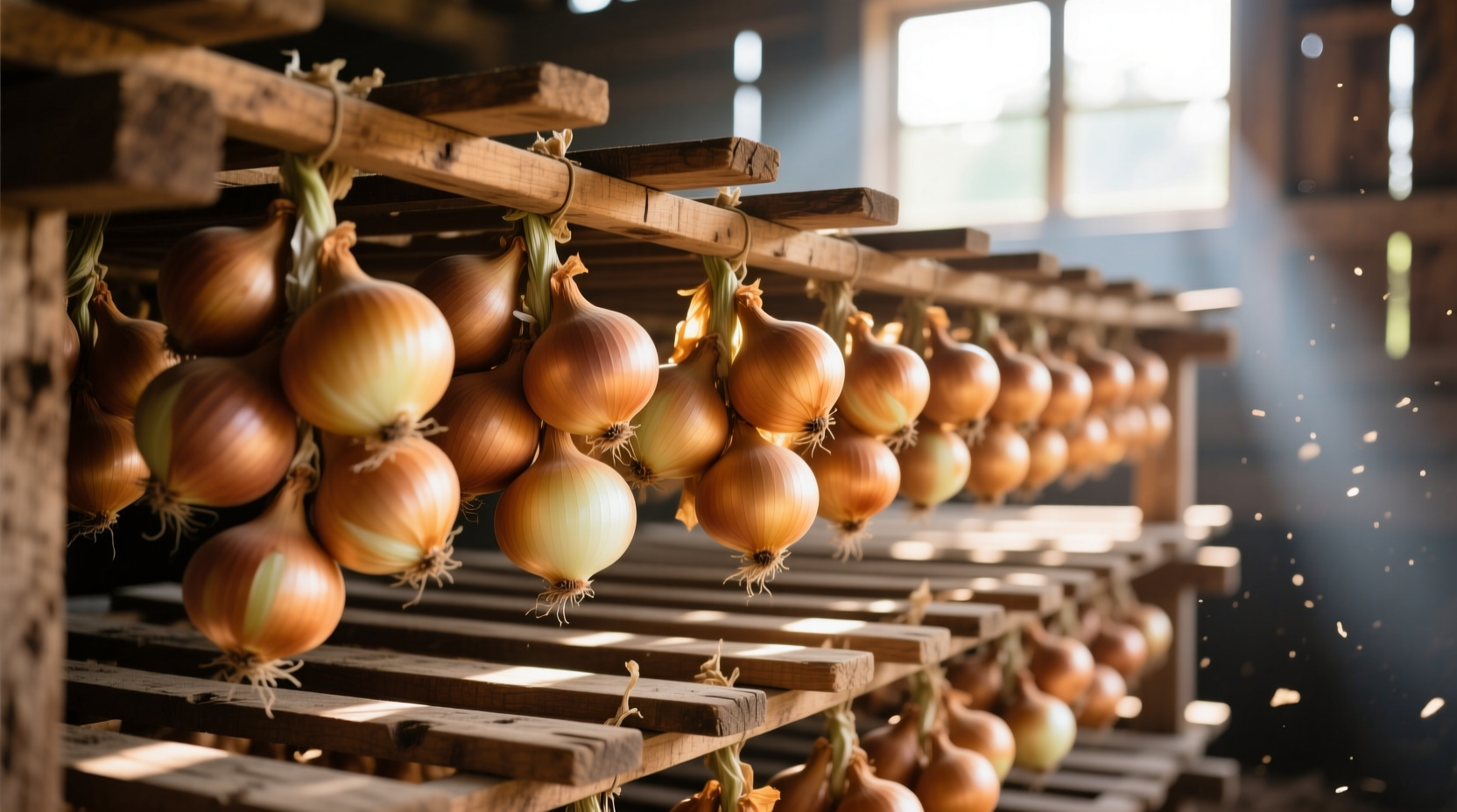Onions curing on wooden racks with proper airflow