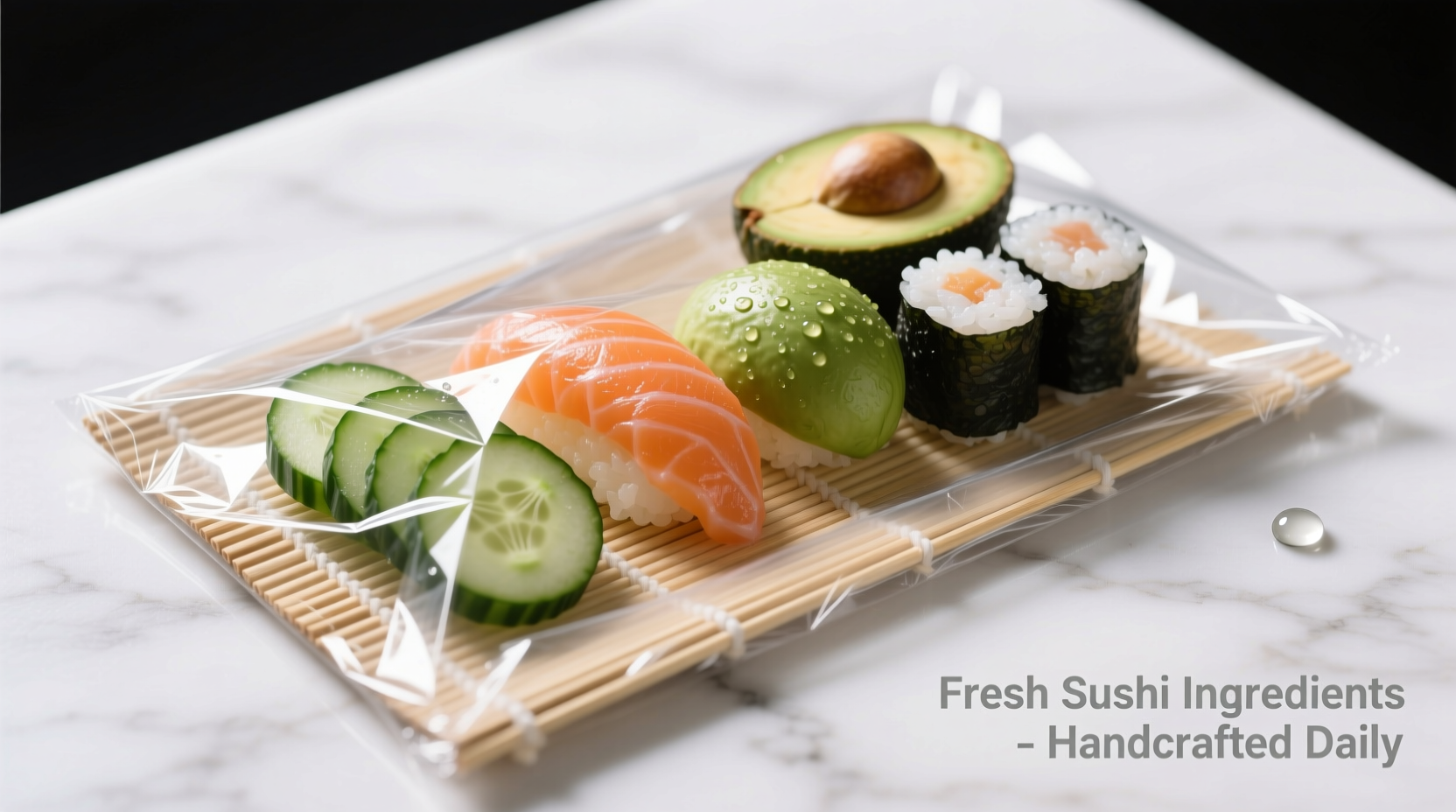 Bamboo mat wrapped in plastic with sushi ingredients