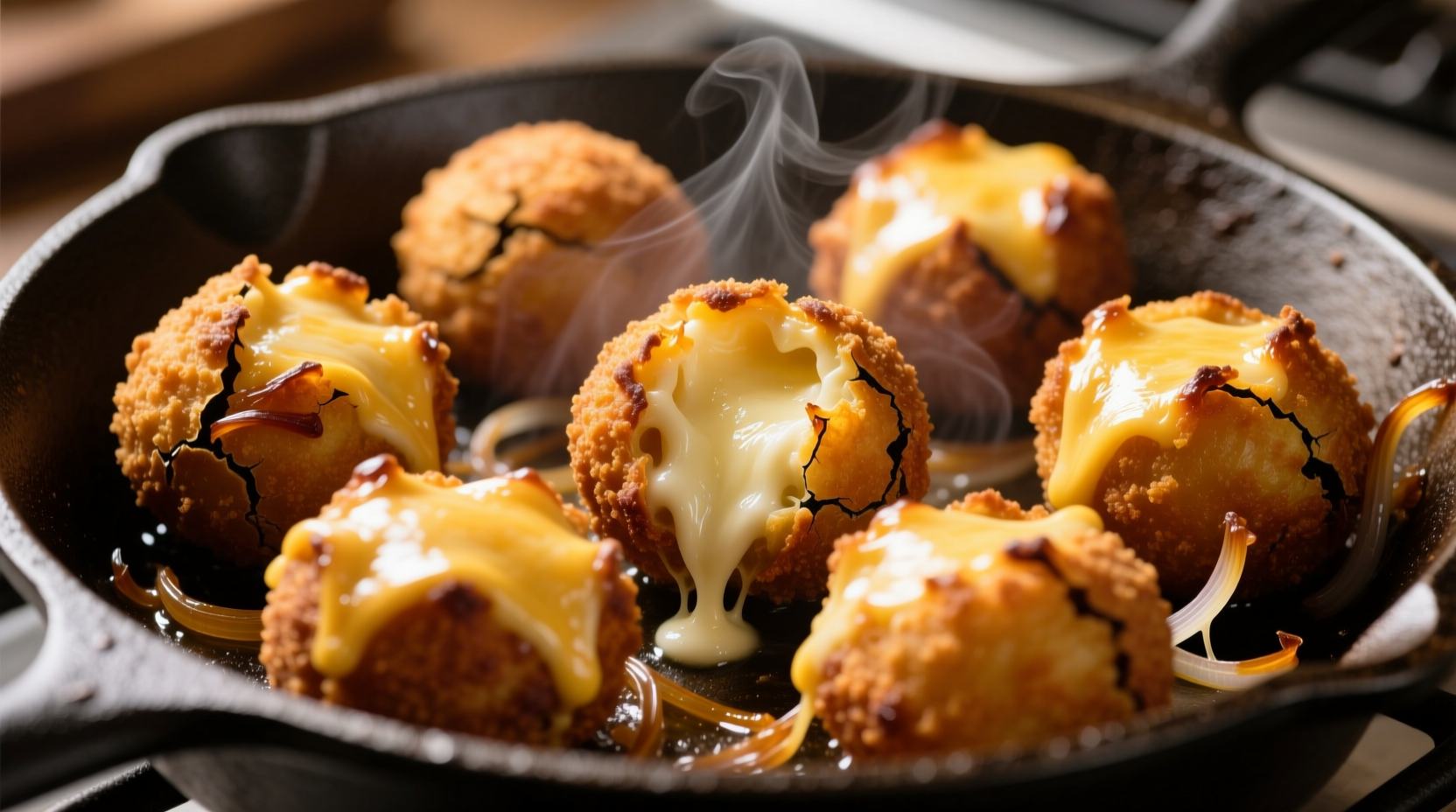 Golden brown onion bombs with melted cheese filling