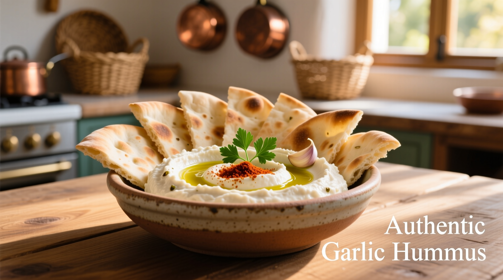 Creamy garlic hummus in bowl with pita bread
