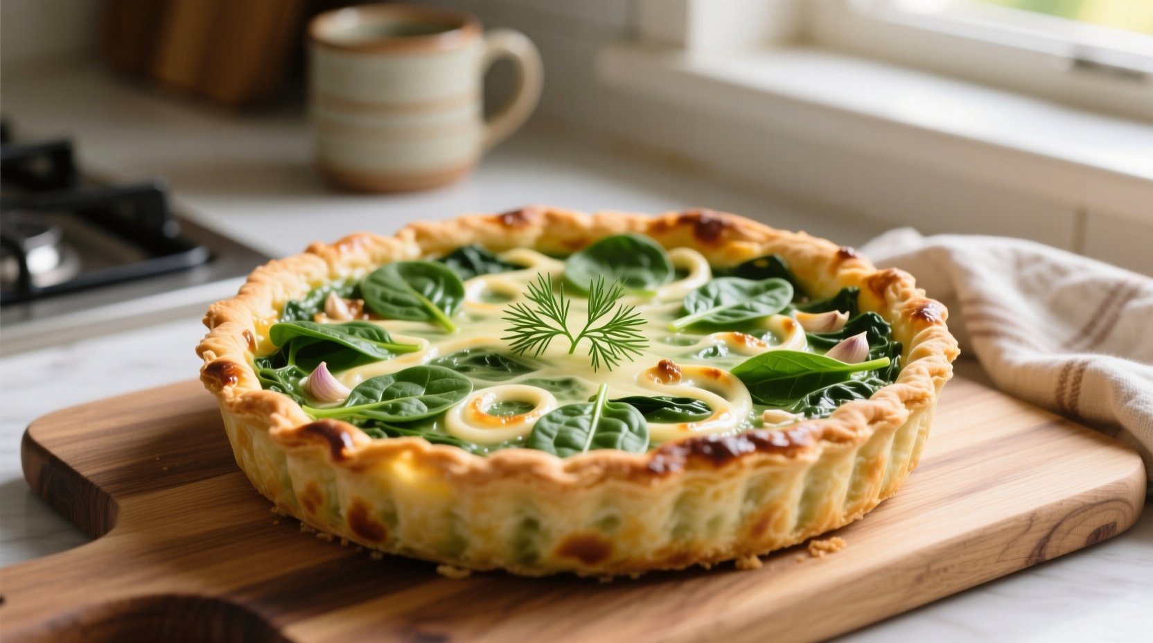 Fresh spinach quiche with golden crust and vibrant green filling