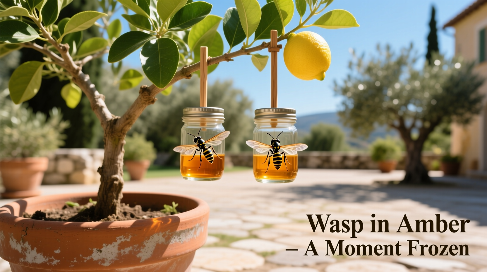 A mature potted Meyer lemon tree with clean, open branching; two small mason jars filled with amber liquid hang on stakes 12 feet away, each with a single wasp visible inside—no insects on the tree itself.