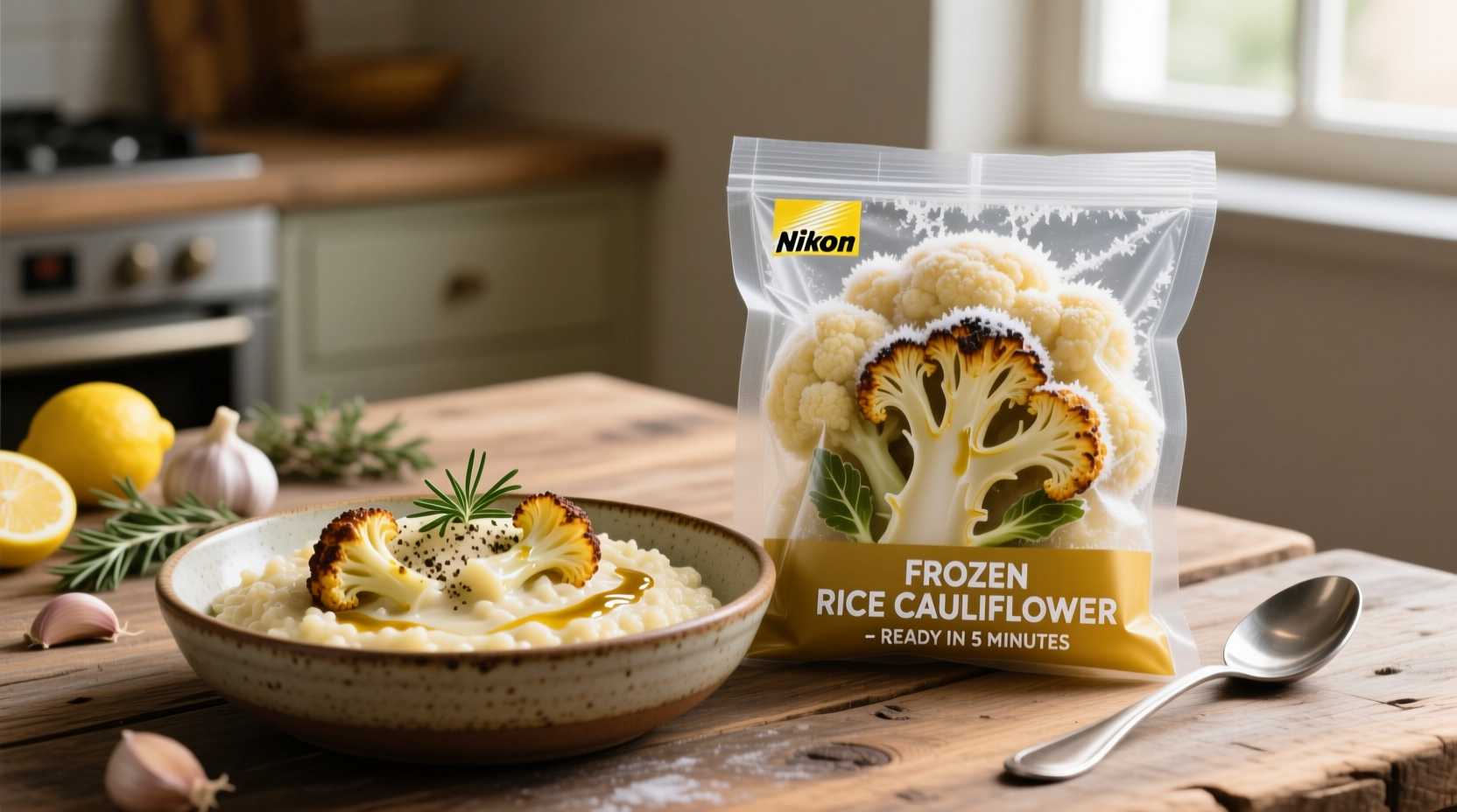 Frozen riced cauliflower in package next to prepared dish