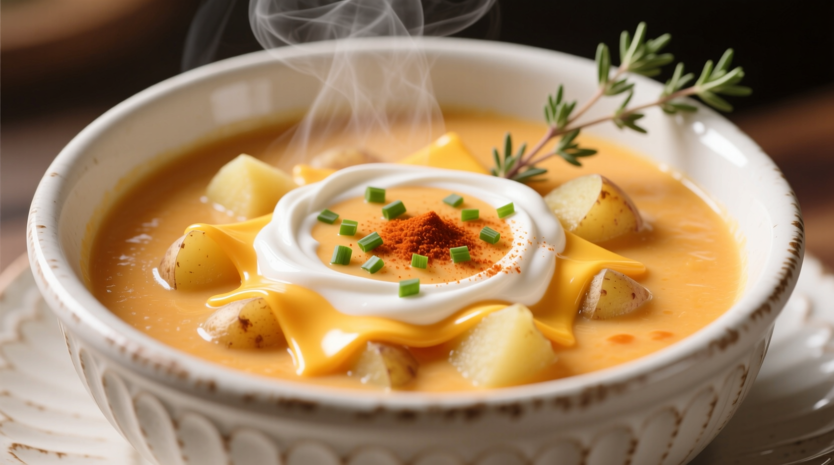 Creamy cheddar cheese potato soup in white bowl with garnish
