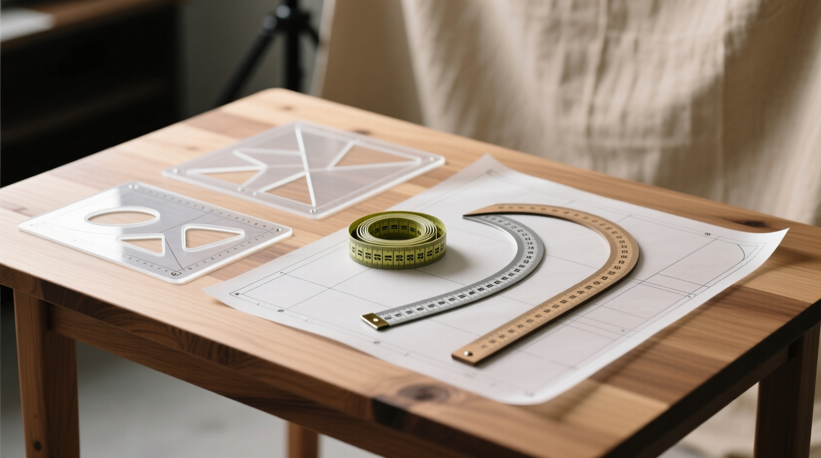 Sewing pattern drafting tools: plastic templates, measuring tape, French curve ruler, and tracing paper arranged on a wooden table