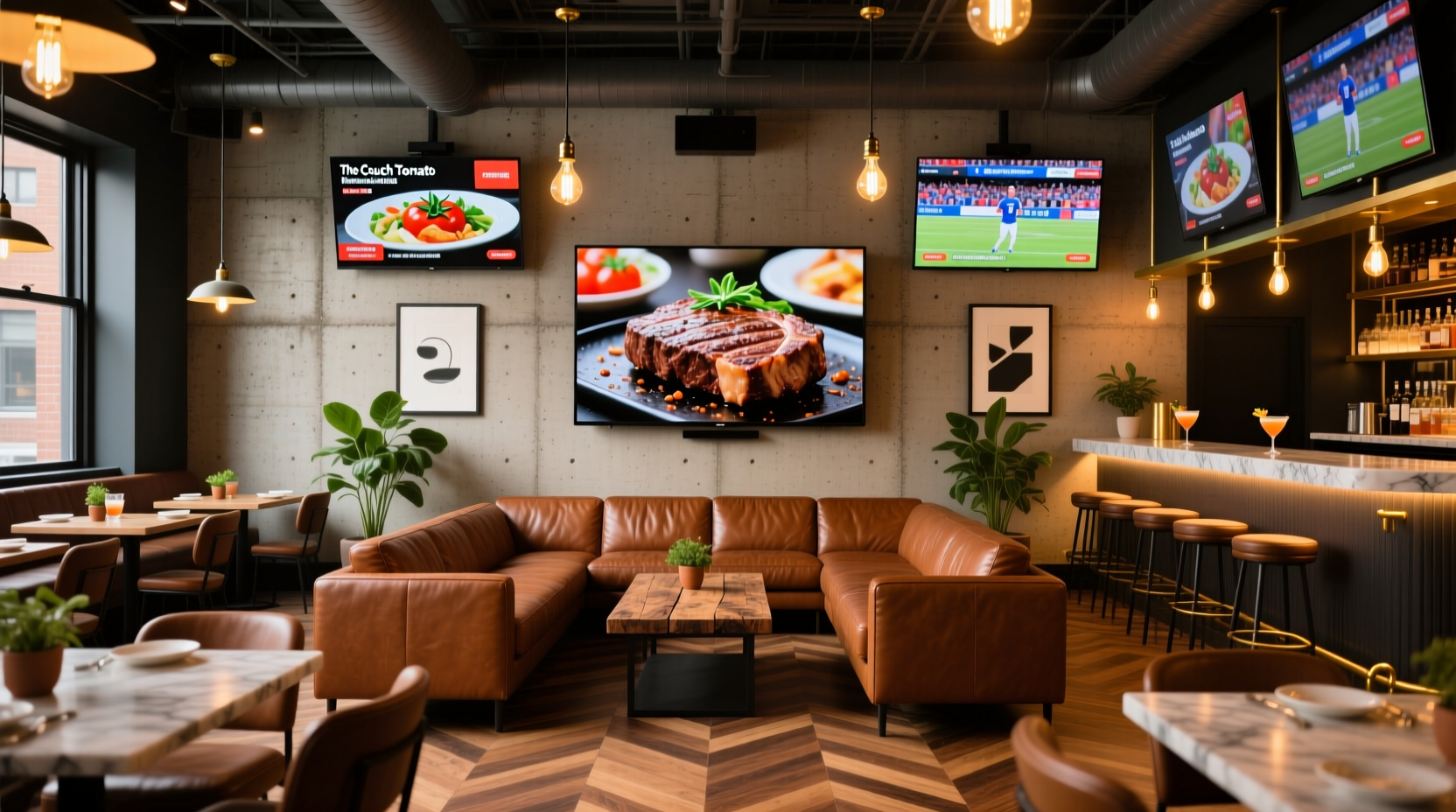 The Couch Tomato Manayunk dining area with multiple TVs
