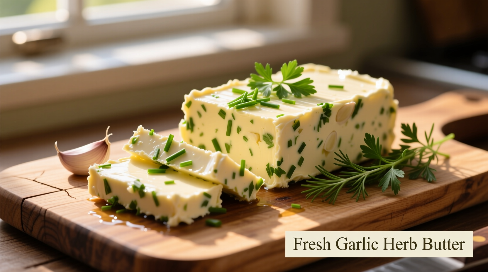 Fresh garlic herb butter sliced on wooden board