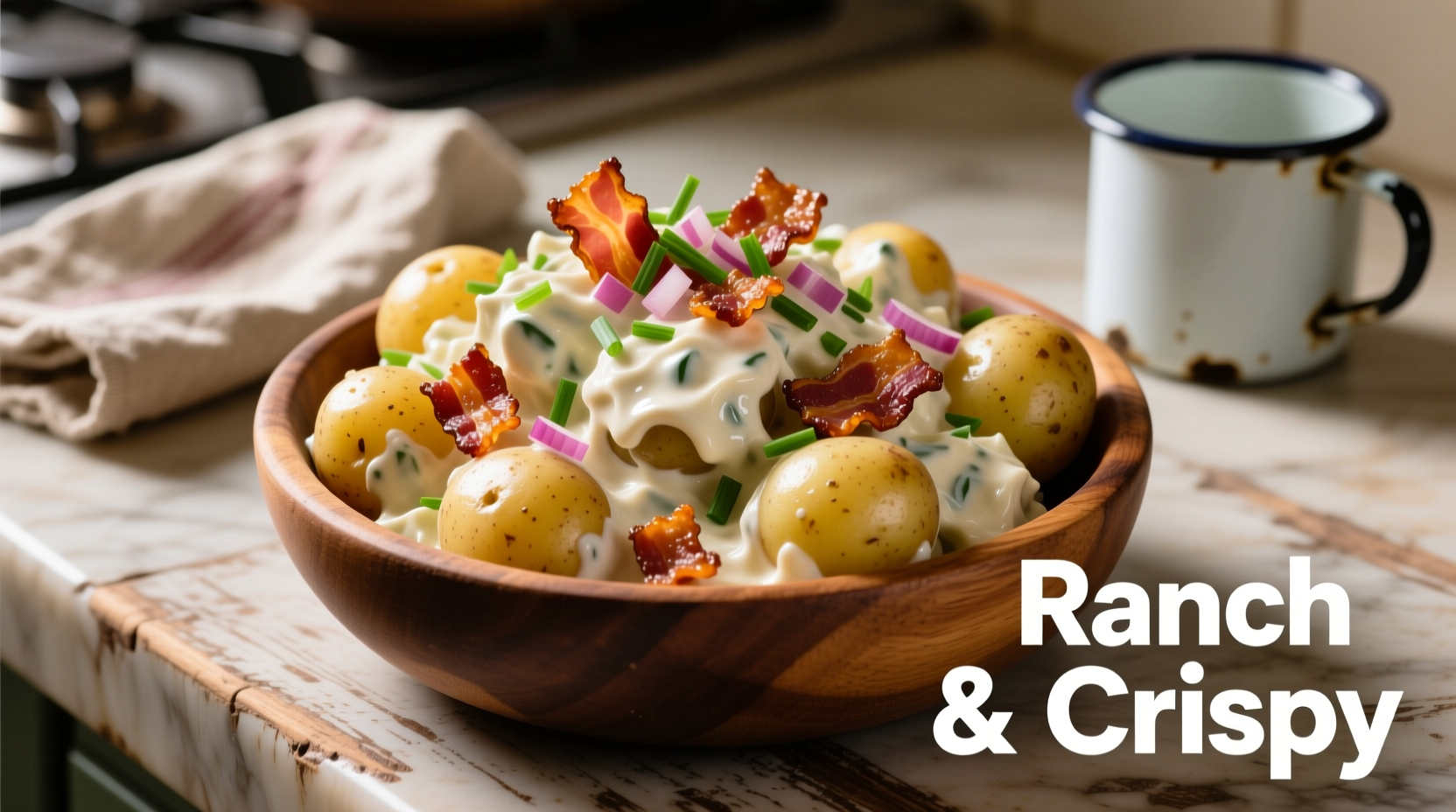 Creamy ranch potato salad with crispy bacon pieces