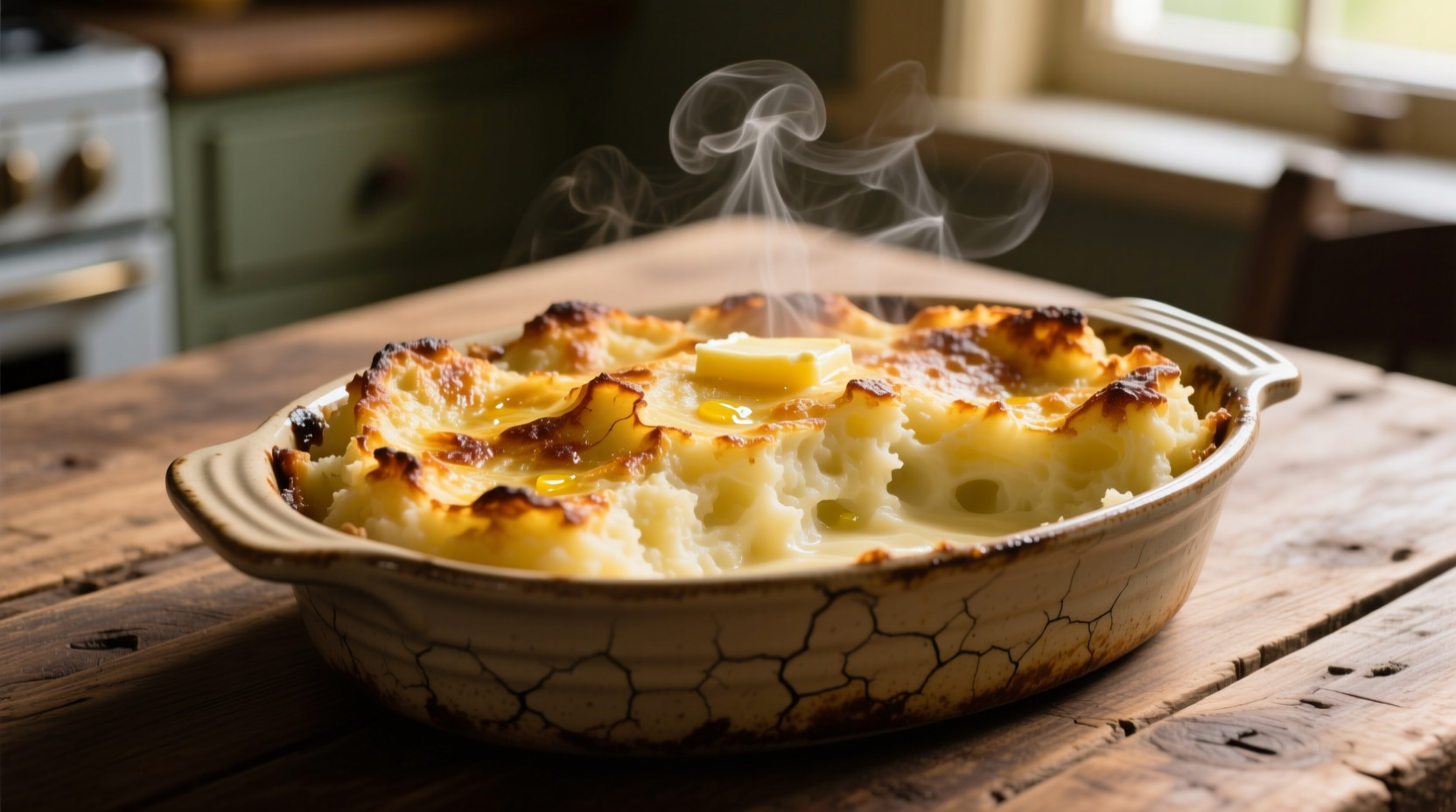 Golden baked mashed potatoes with crispy top