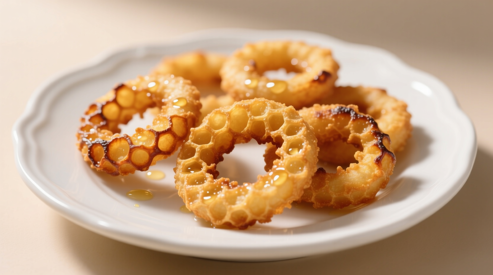 Freshly fried golden onion rings on white plate
