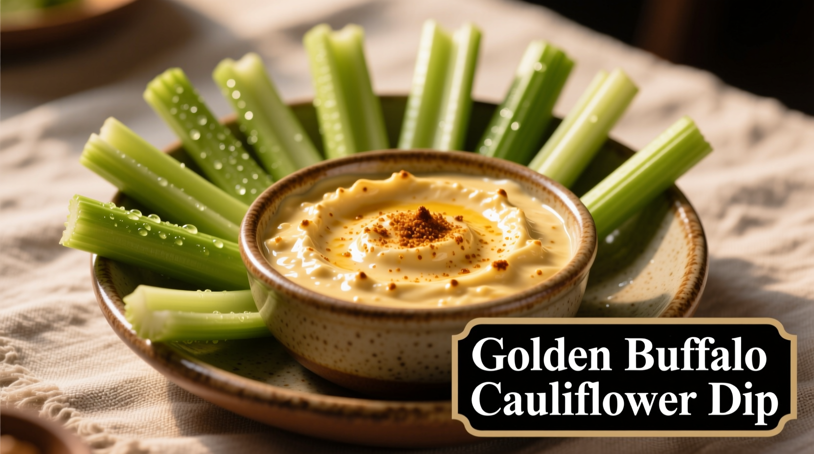 Golden buffalo cauliflower dip in serving bowl with celery sticks