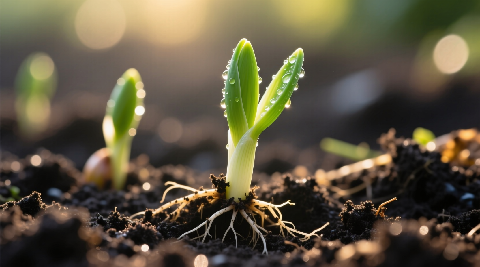 Close-up of onion seedlings growing in garden soil