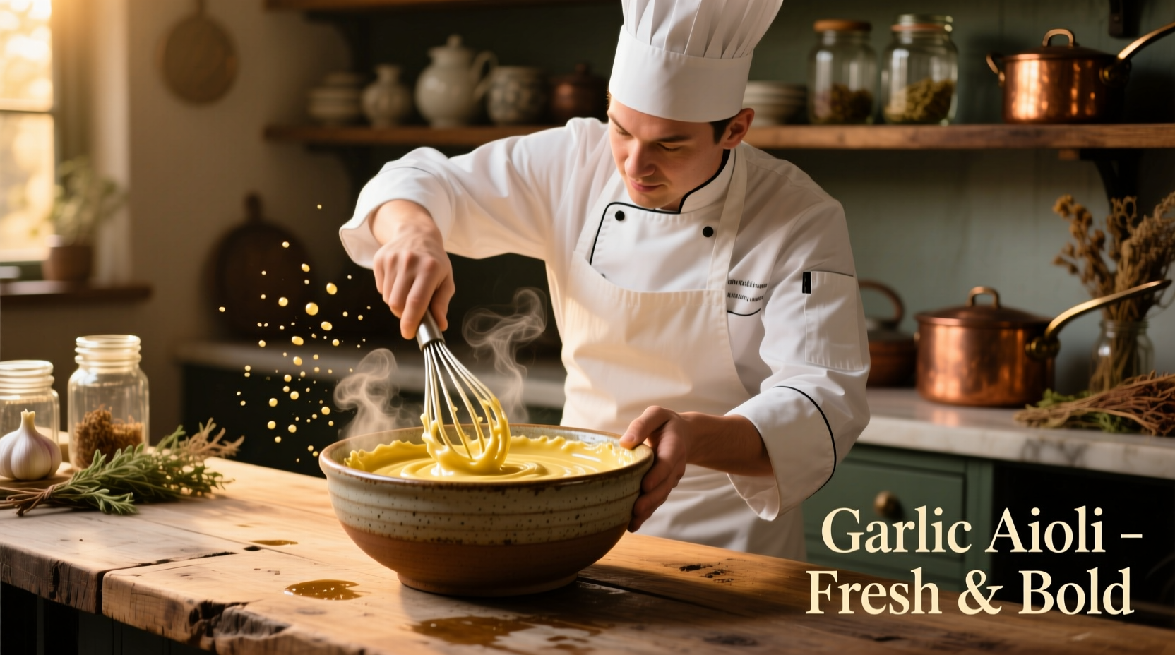 Chef whisking golden garlic aioli in ceramic bowl