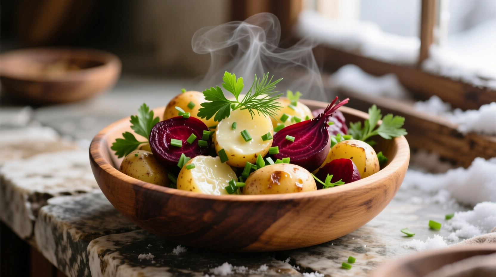 Winter potato salad with roasted beets and herbs