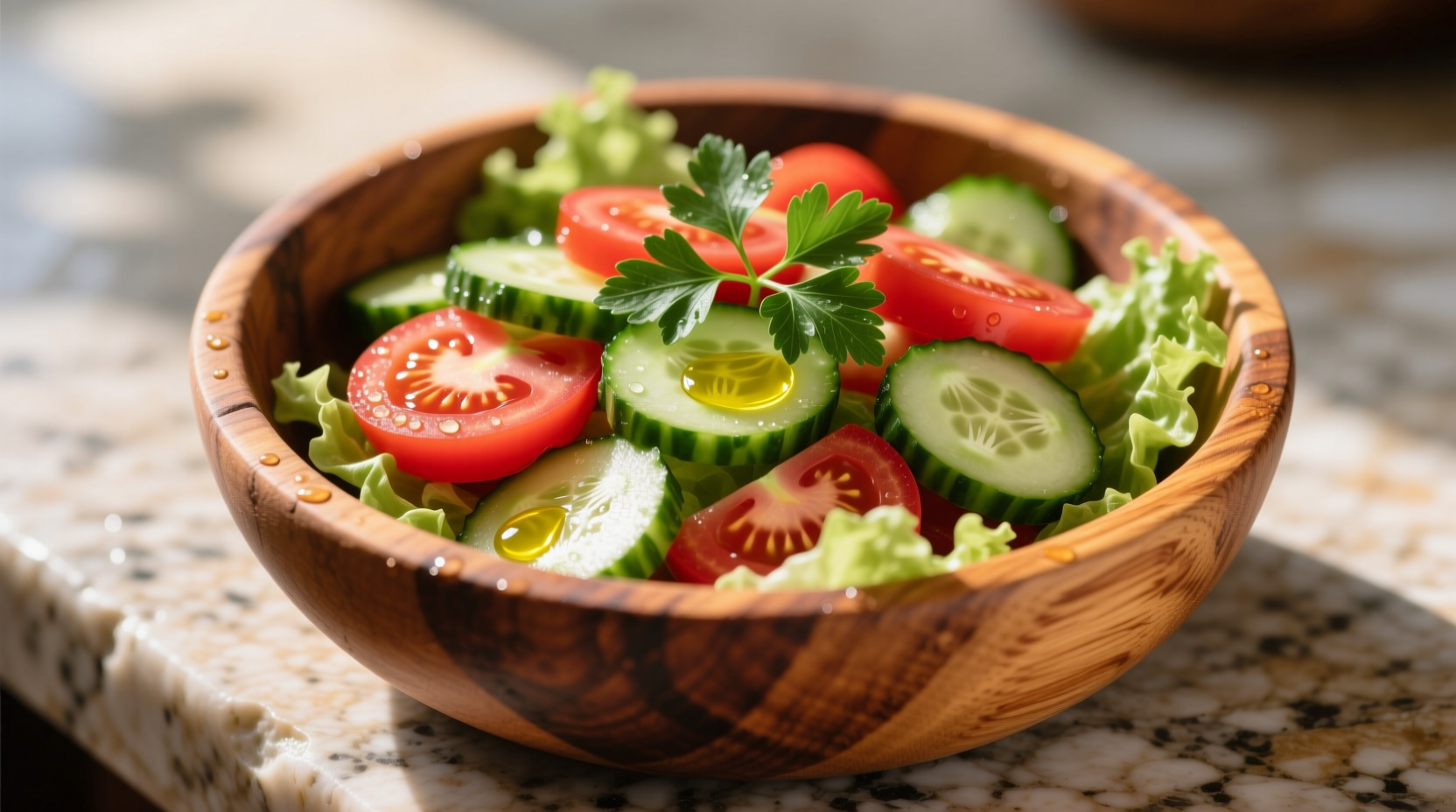 Fresh tomato and cucumber salad in wooden bowl