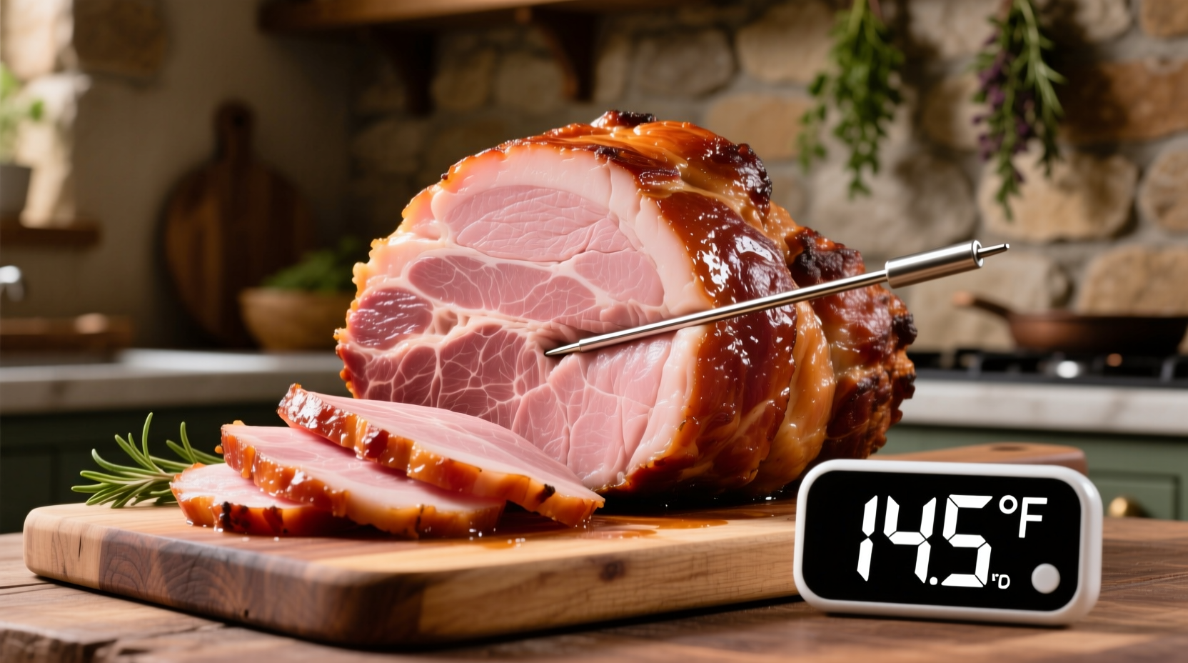 Perfectly cooked ham showing internal temperature reading