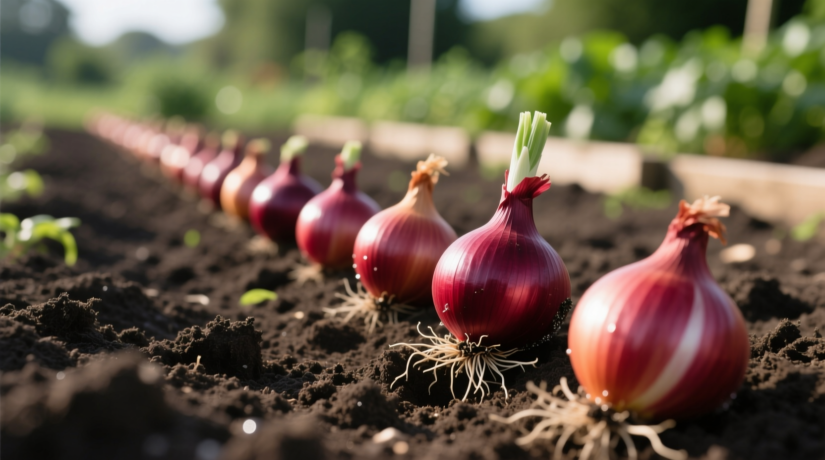 Red onion sets planted in garden soil with proper spacing