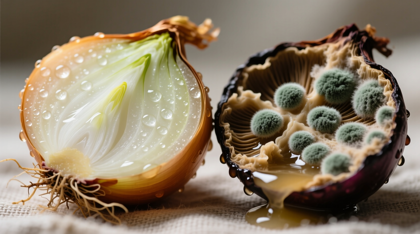 Close-up of fresh versus spoiled onion halves showing texture differences