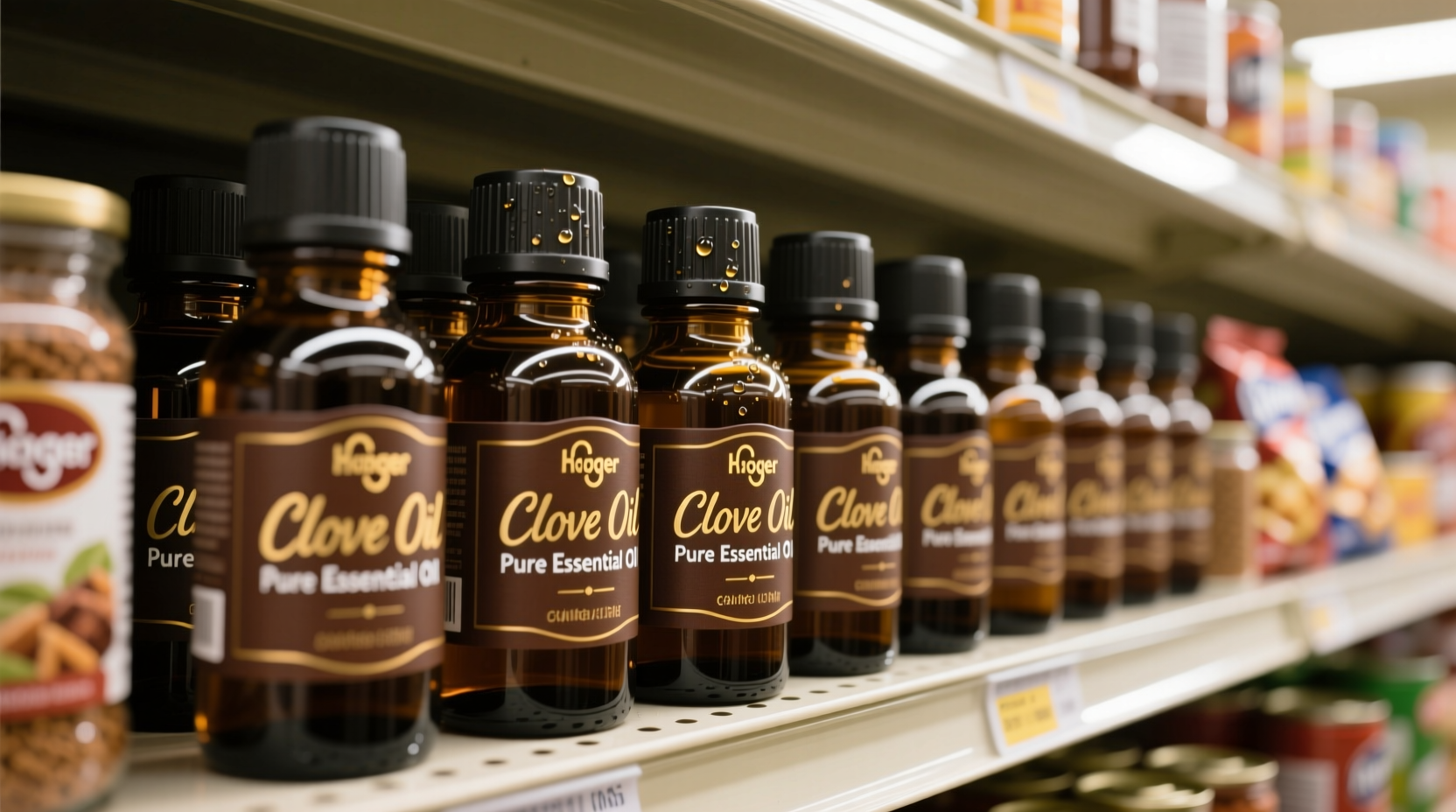 Bottles of clove oil on Kroger store shelf