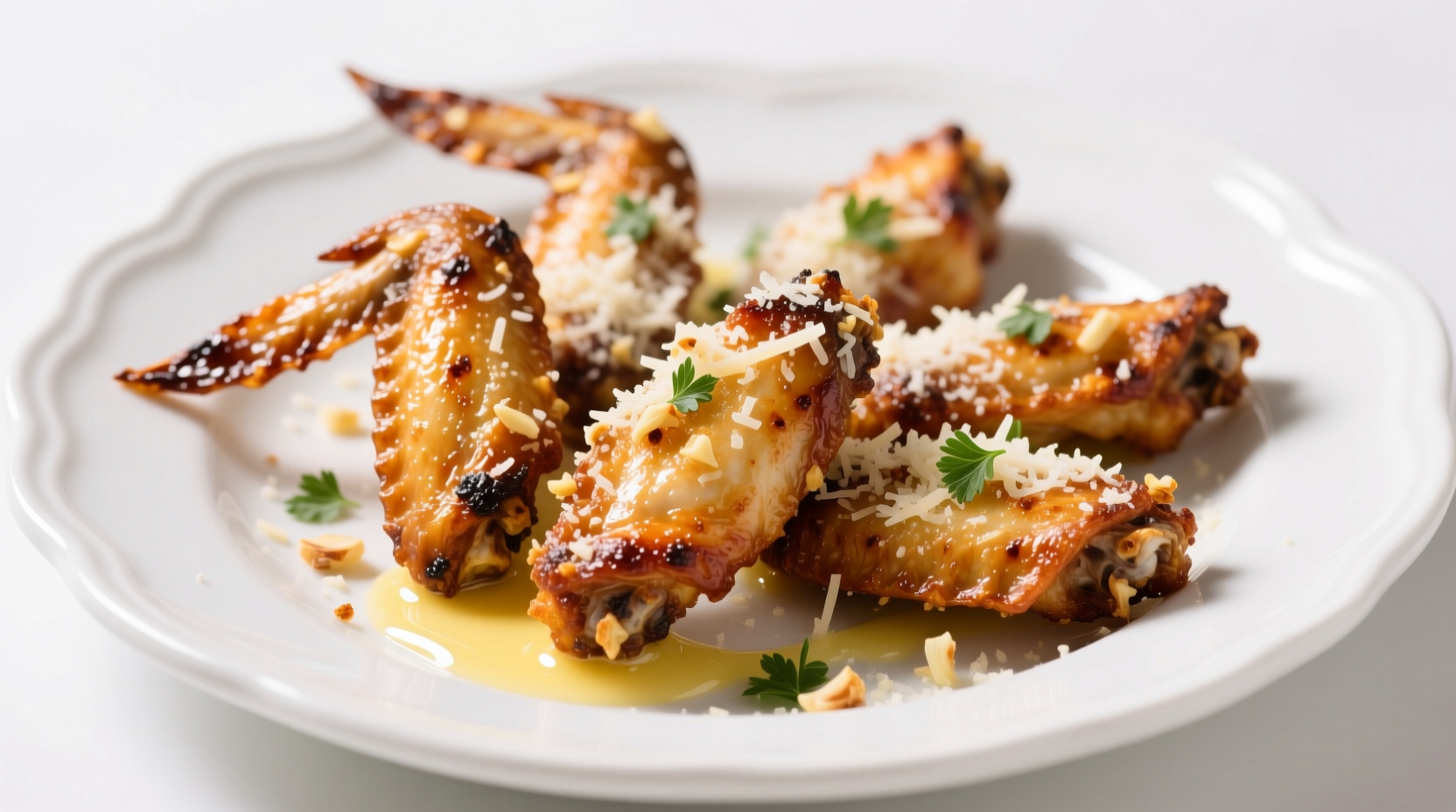 Crispy garlic parmesan wings on white plate