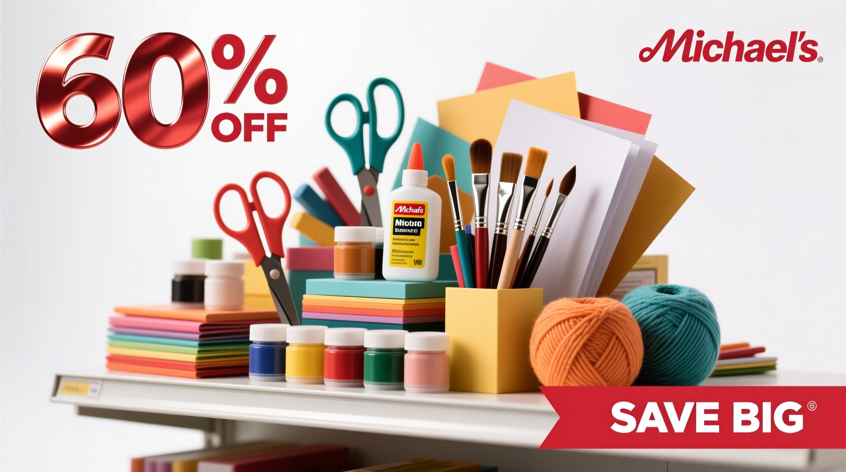 Craft supplies with Michaels ad showing stacked 60 percent savings