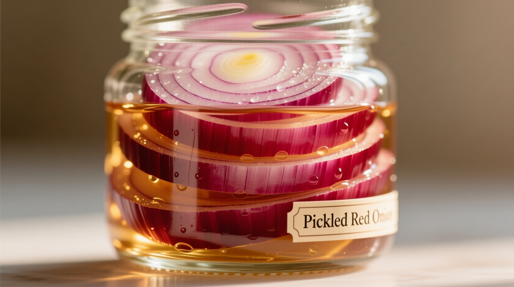 Fresh red onion slices in glass jar with vinegar