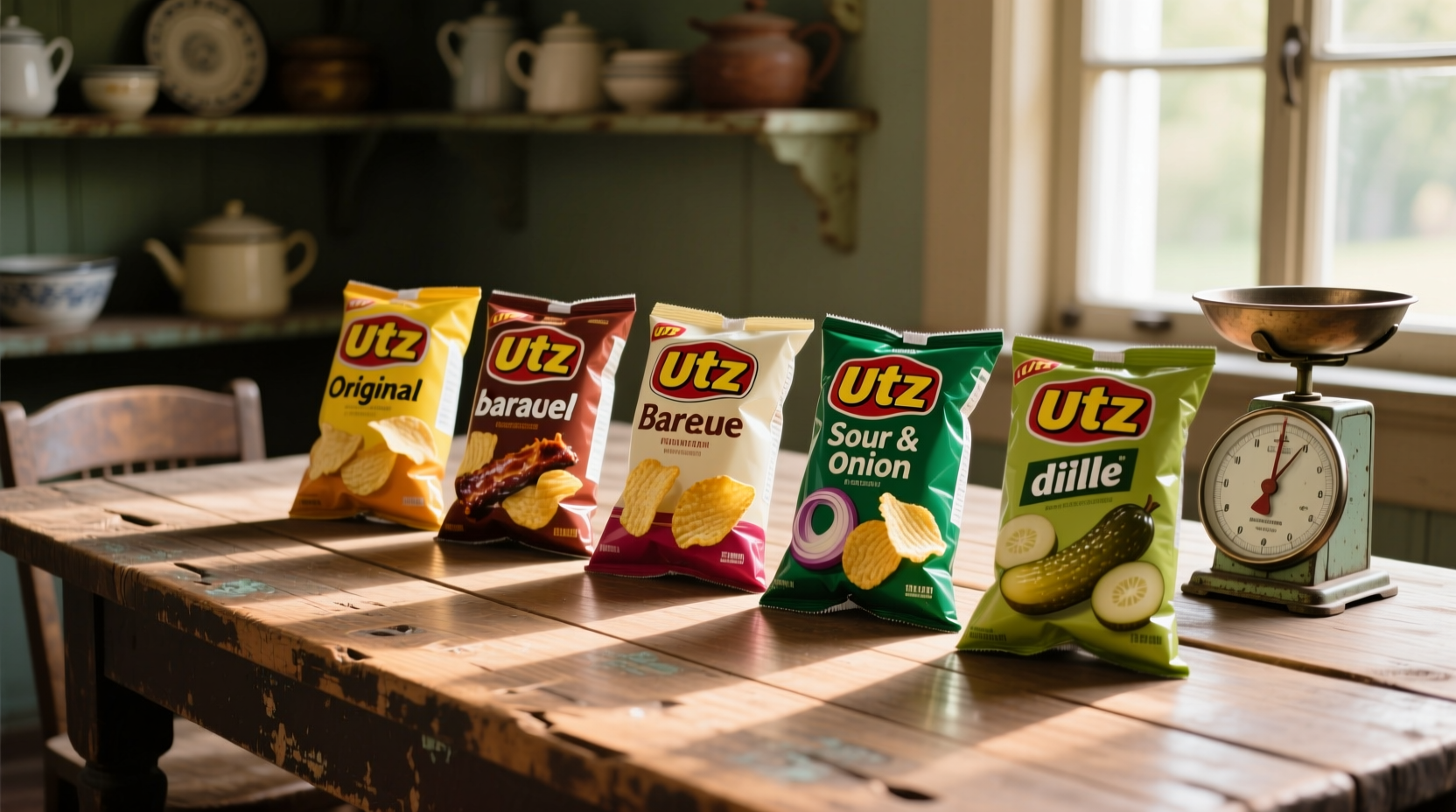 UTZ potato chips varieties displayed on wooden table