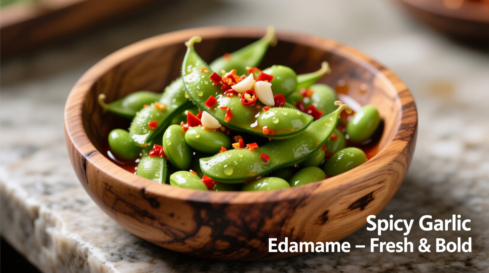 Fresh spicy garlic edamame in wooden bowl