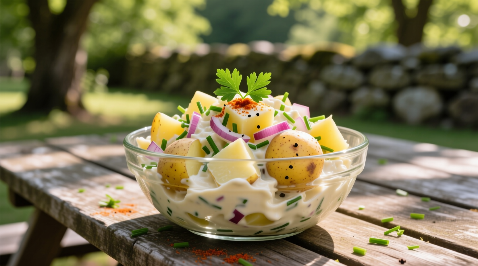 Creamy homemade potato salad in a glass bowl