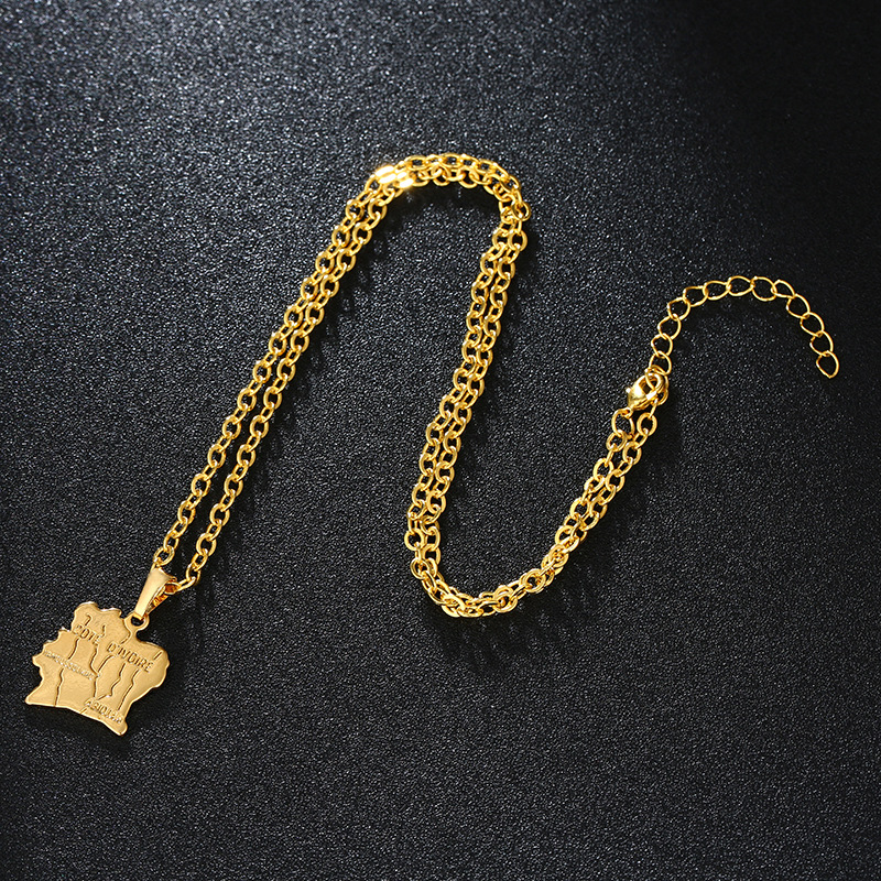 线切阿比让科特迪瓦不锈钢首饰金项链非洲地图吊坠为非洲人