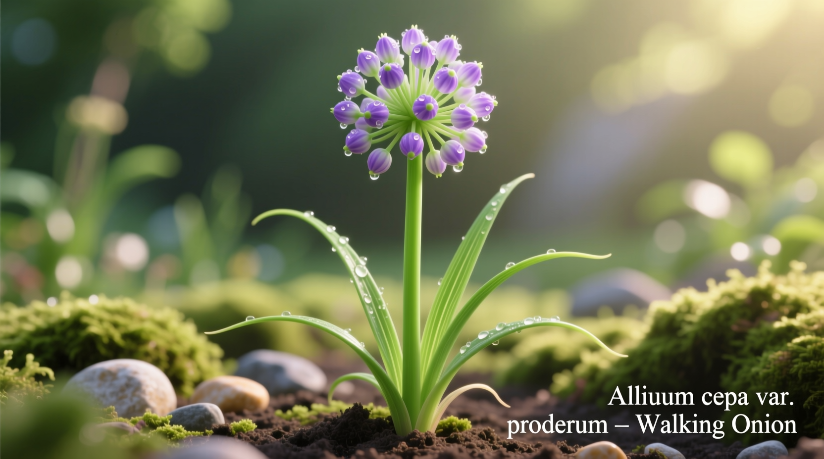 Walking onion plant showing bulbils at top of stalk